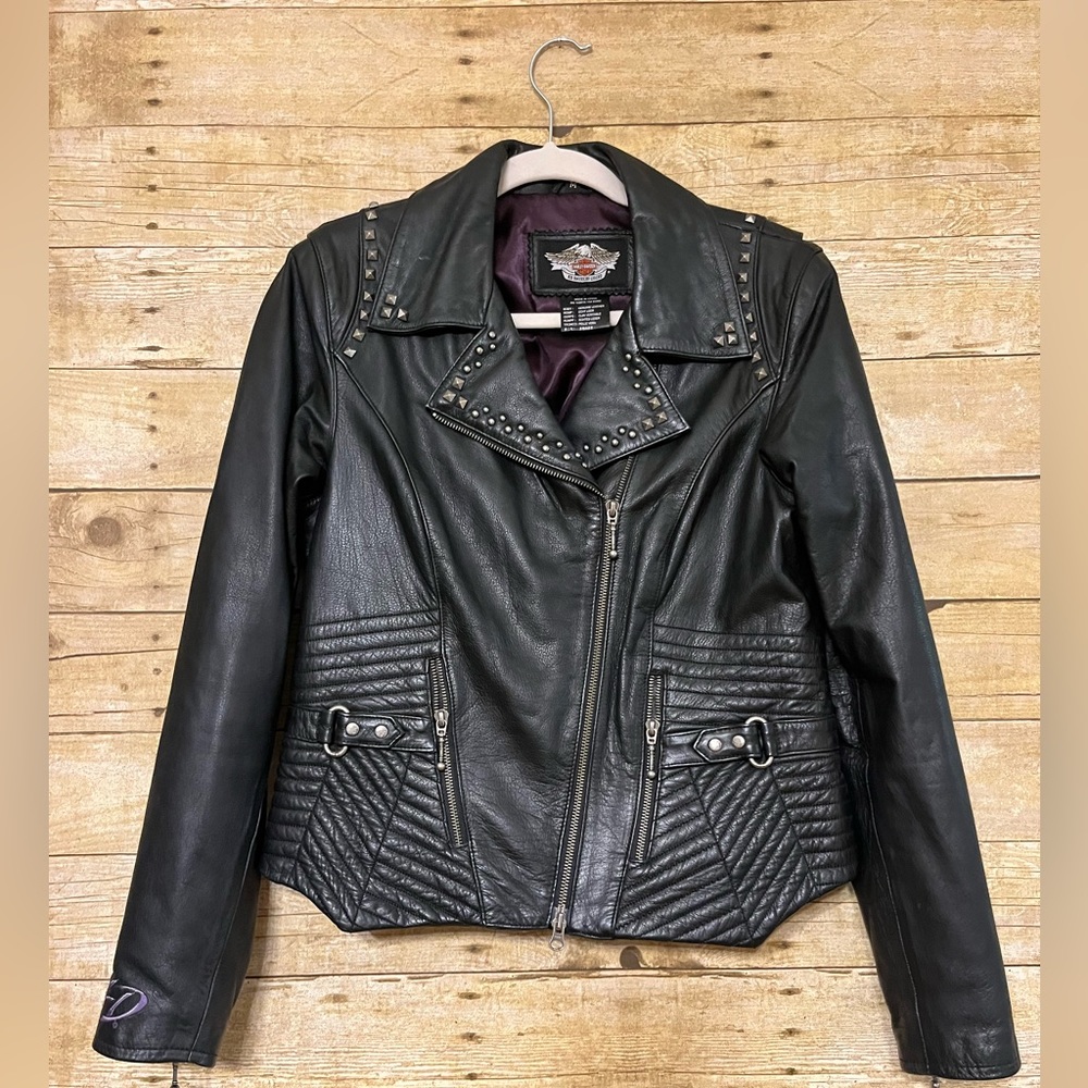 Harley Davidson Black Leather Jacket/Chaps  with Purple Embroidery Lining sz M
